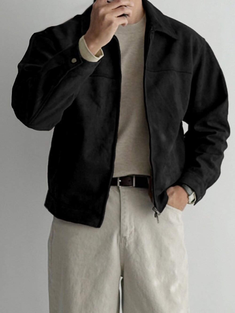 Black Casual Men's Faux Suede Fleece Jacket